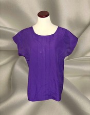 Vintage R & J Womens L Purple Blouse Made in USA Pleated Neck Short Sleeve Top