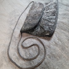 VTG 40s 50s Black Beaded Sequin Clutch Purse Evening Bag Chain Strap