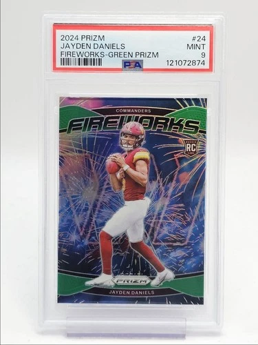 JAYDEN DANIELS 2024 PANINI PRIZM FIREWORKS ROOKIE GREEN #24 RC PSA 9 Q6239