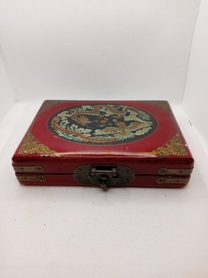 Vintage Chinese Miniature Mahjong Set Red Lacquer Dragon Phoenix Box Complete