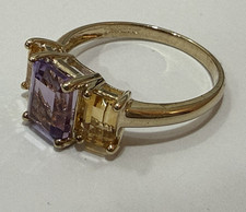 9ct Gold Amethyst & Citrine 3 Stone Trilogy Ring - Size Q (8.5 US)