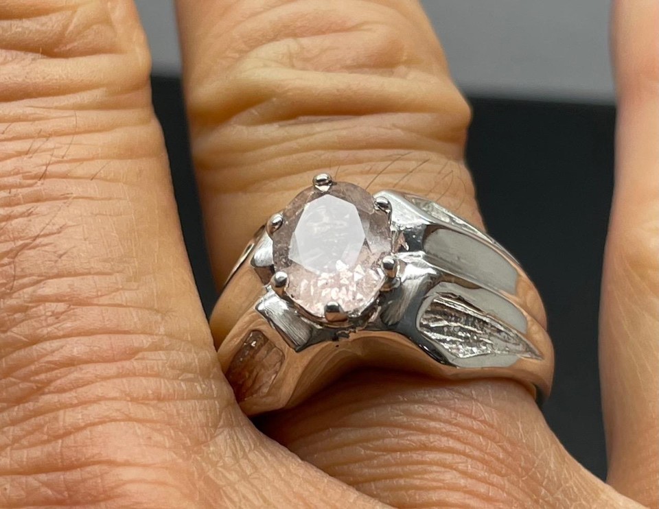 1.6 CT PINK MORGANITE .925 STERLING SILVER MENS SOLID BACK RING SZ 8.25 ...