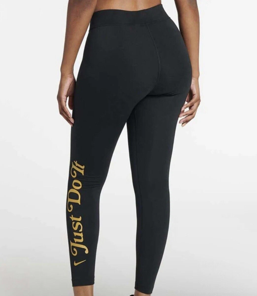 Nike ESF 12621 Women s High Rise Just Do It Leggings Black Metallic Gold Small