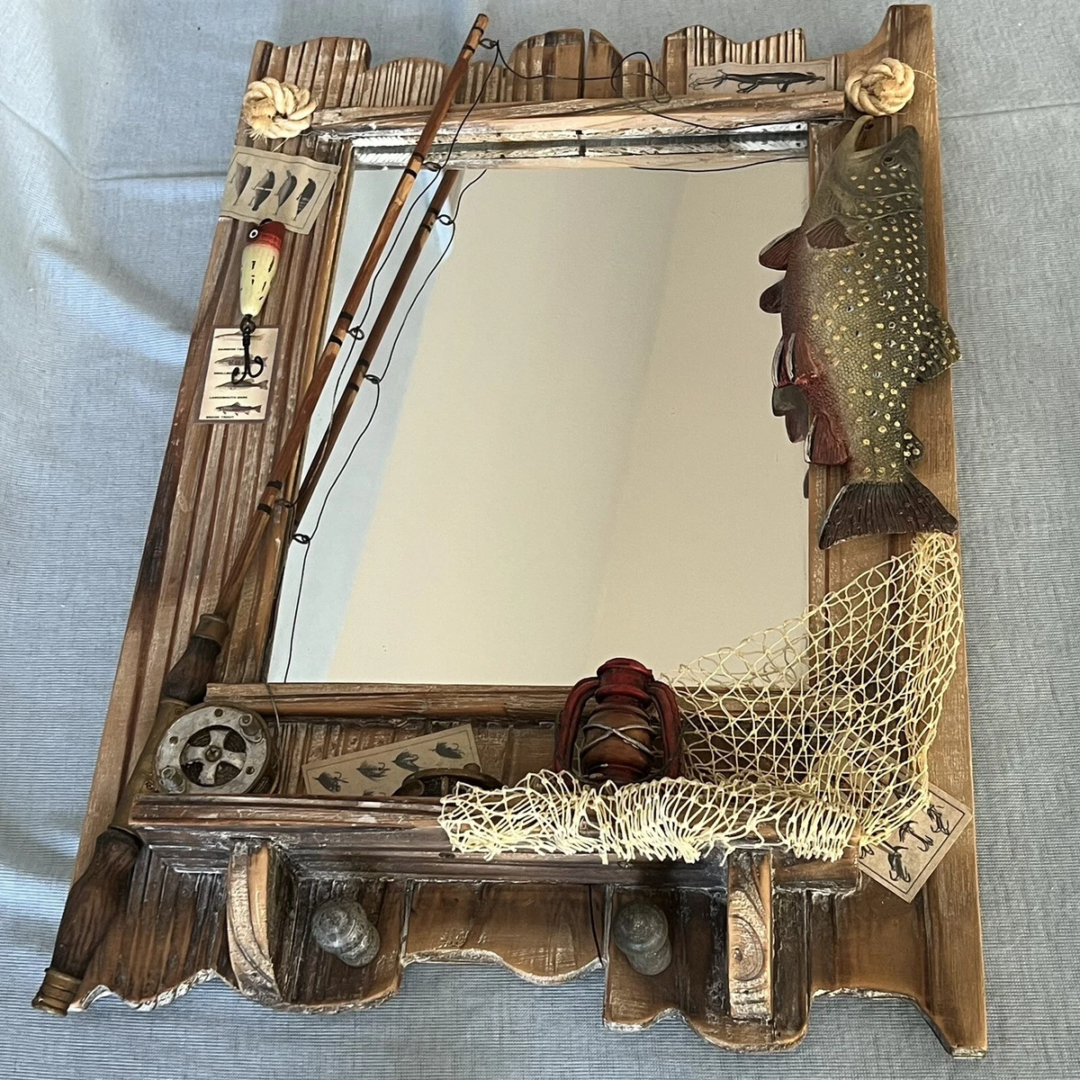 Rustic 2 Coat Hook Rack Mirror Combo Fishing Themed Hanging Wall