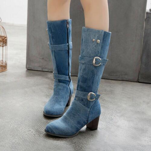 Stivali donna tacco medio blocco metà polpaccio scarpe cowboy denim fibbia stivali western - Foto 13 di 17