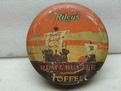 Vintage Riley's Toffee Tin Can Rum & Butter Pirate Ship Graphics Halifax England