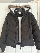 SoulCal Women's Black Puffer Jacket Size UK 8 Double Zip Borg Lined Faux Fur
