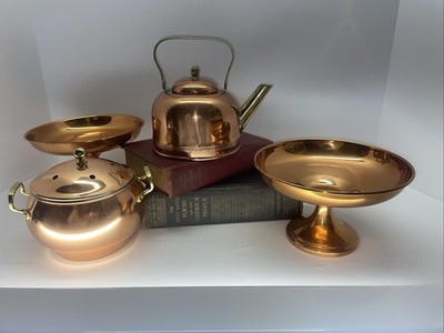 Copper Tea Kettle With  Two Candy Dishes And Potpourri Dish