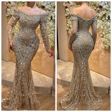 Luxury Champagne Beaded Crystal Evening Dress Long Sleeve Layered Lace Prom Gown