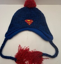 DC Comics Superman Knit Beanie Winter Hat Pom Pom Earflap Braided Tassels