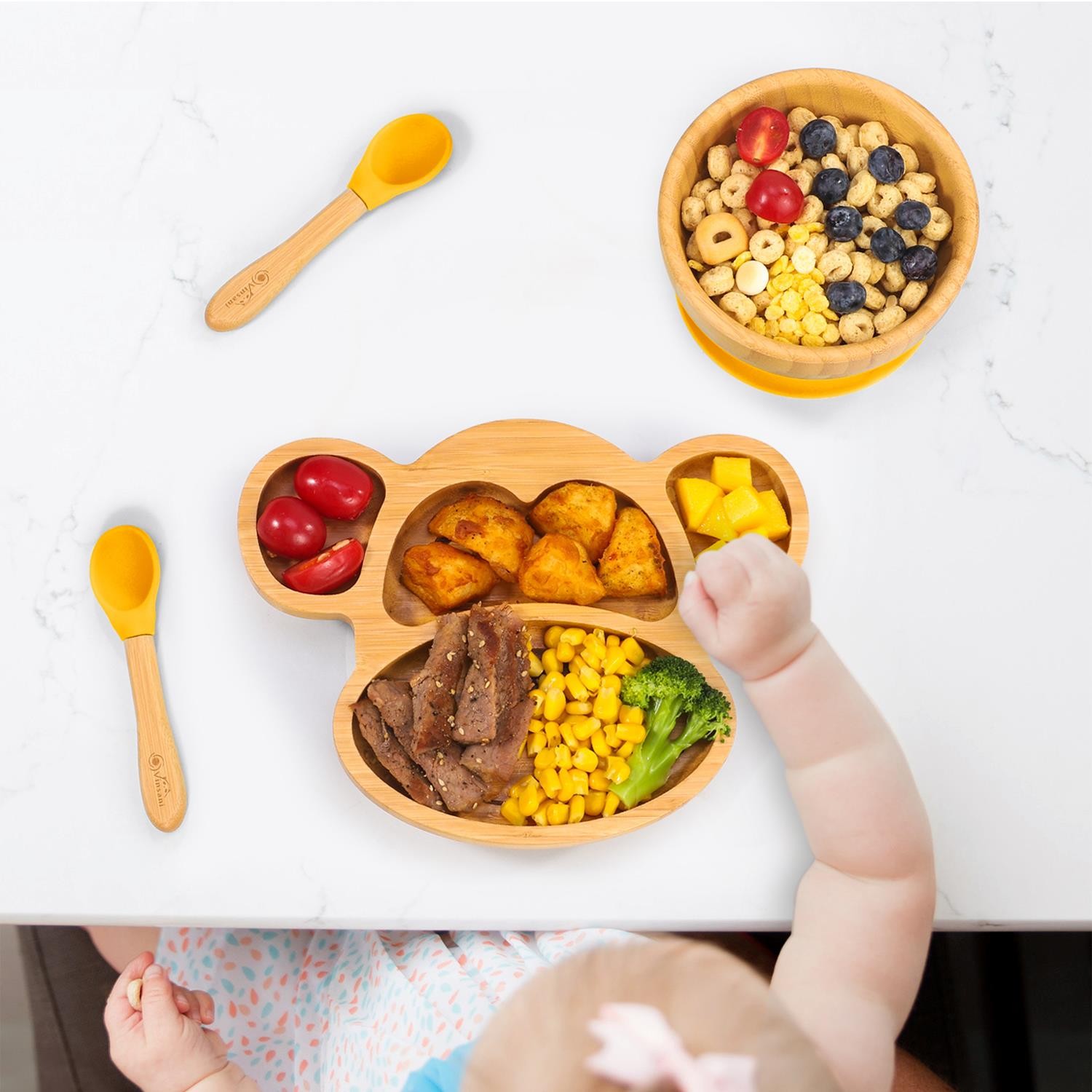 Bamboo Monkey Plate BOWL Spoon SET Yellow Practical Everyday Use