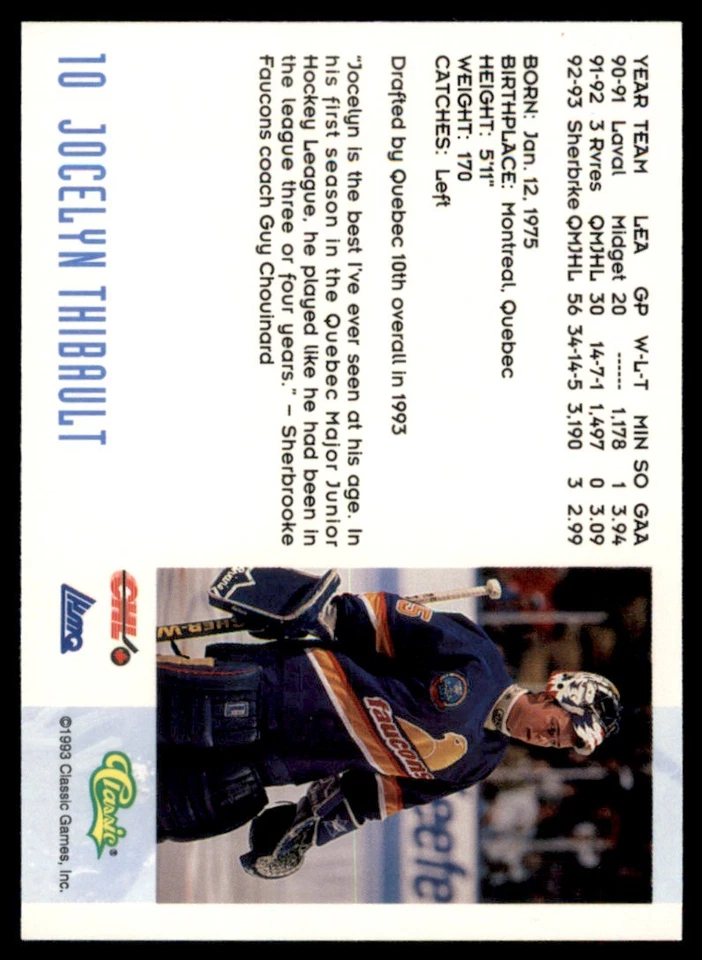 1993-94 Classic Jocelyn Thibault RC Sherbrooke Faucons #10 B - Image 2 of 2