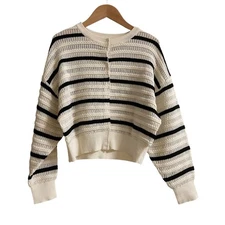 LANVIN en Bleu Knit Short Cardigan, Size 38, Off-White and Black Women USED