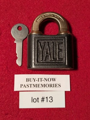 ''DOUBLE YALE'' (VAR. #2) IRON PUSH KEY PADLOCK, OLD ANTIQUE VINTAGE LOCK LOT #13