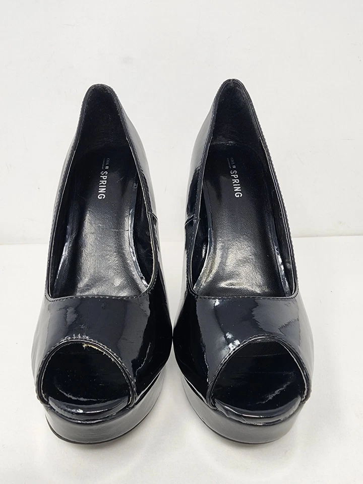 Call It Spring Womens 7 Black Shiny Patent Wedge Heels Peeptoe Dress Shoes  - Image 2 of 4