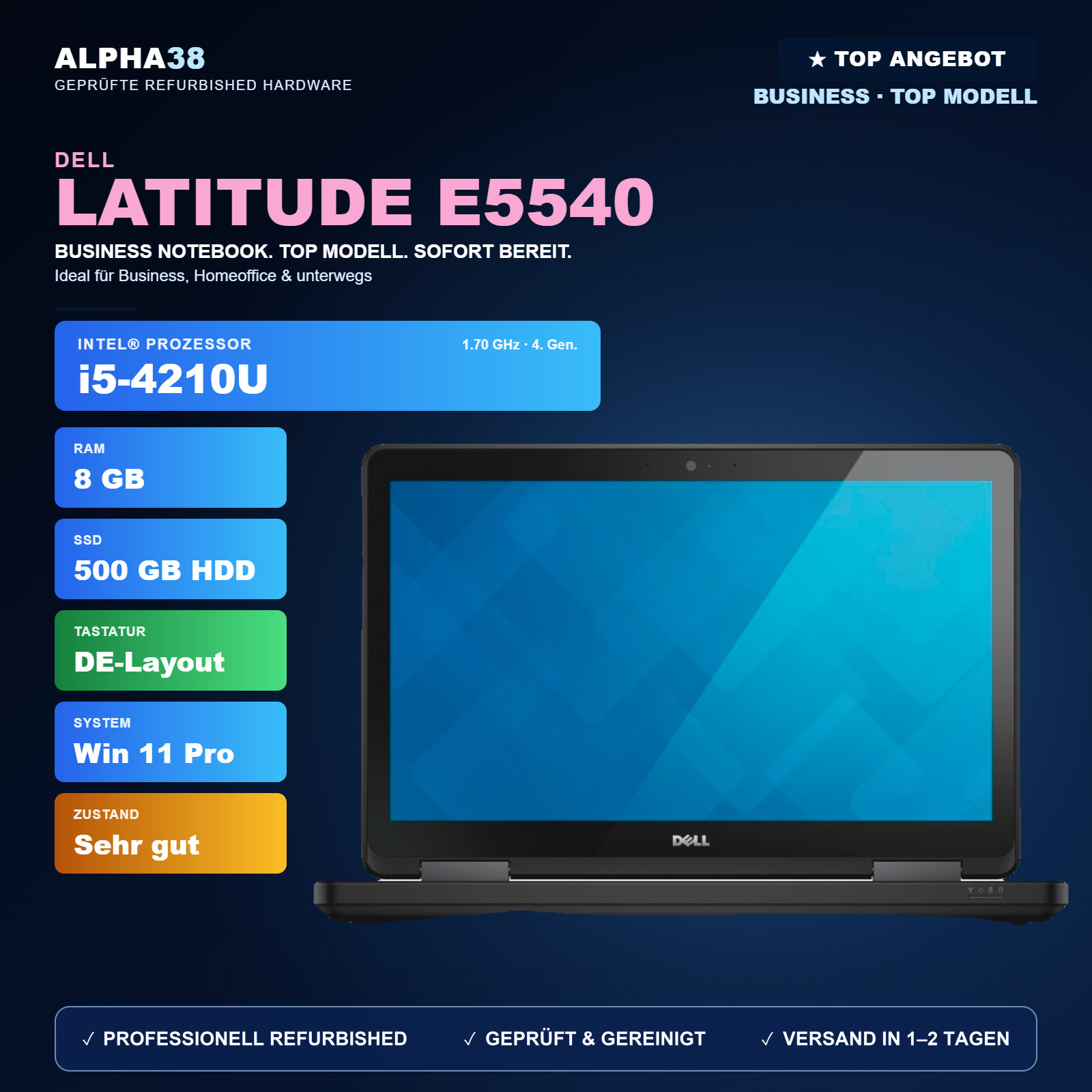 Dell Latitude E5540 Business i5-4210U 8GB 500GB HDD Nummernblock Win11 Pro