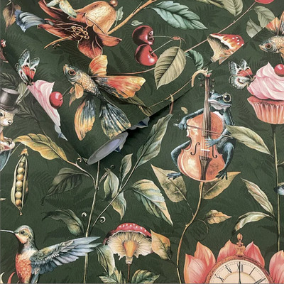 Smaragdgrüne Blumen Tapete Neugierige Kreaturen Vögel Schlüssel Würfel Funktion Lounge