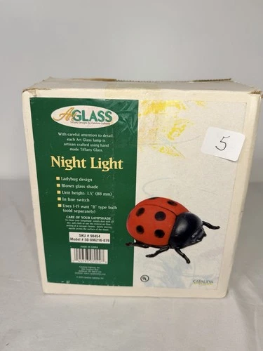 Catalina Art Glass Ladybug  Night Light Tiffany Style Lamp w/ Box Vintage