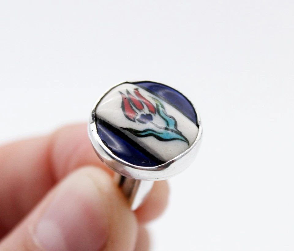 Gumusay Marked Sterling Silver 925 Ceramic Floral Enamel Men's Cufflinks - Image 2 of 4