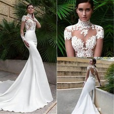 Elegant Mermaid Wedding Dresses High Neck Long Sleeves Lace Applique Bridal Gown