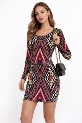MARA HOFFMAN dress mini geometric print MEDIUM bodycon aztec retro long sleeve