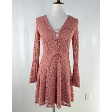 AMBIANCE Dusty Pink Lace Overlay Bell Sleeve Mini Dress