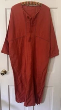 Monoprix Femme Linen Brick Red Dress 3/4 Sleeve Pockets Lagenlook EUR 40 US 10 L