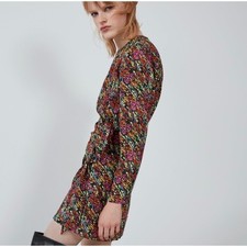 Zara Womens XL Abstract Floral Ruched Side Knot Mini Dress Multicolor
