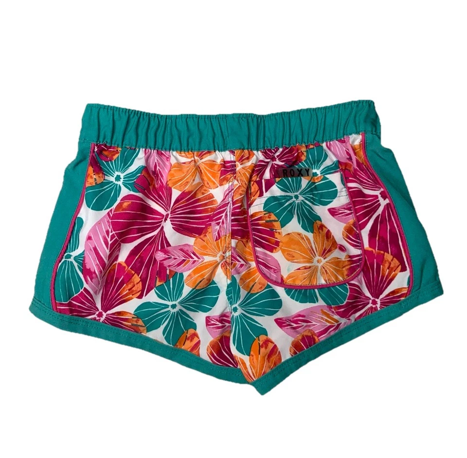 Roxy Girl Swim Shorts Green Hawaiian Print Floral | Girls 6/7 Small A - Image 2 of 3