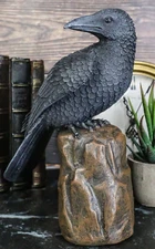Large Dark Raven on Large Rock Platform Resin Statue Figurine 8" Height
