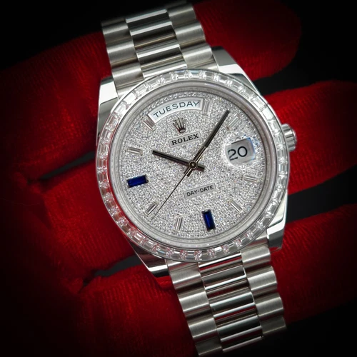 ROLEX Platinum Day-Date  228396 TBR President Baguette Diamond-Pave Sapphires