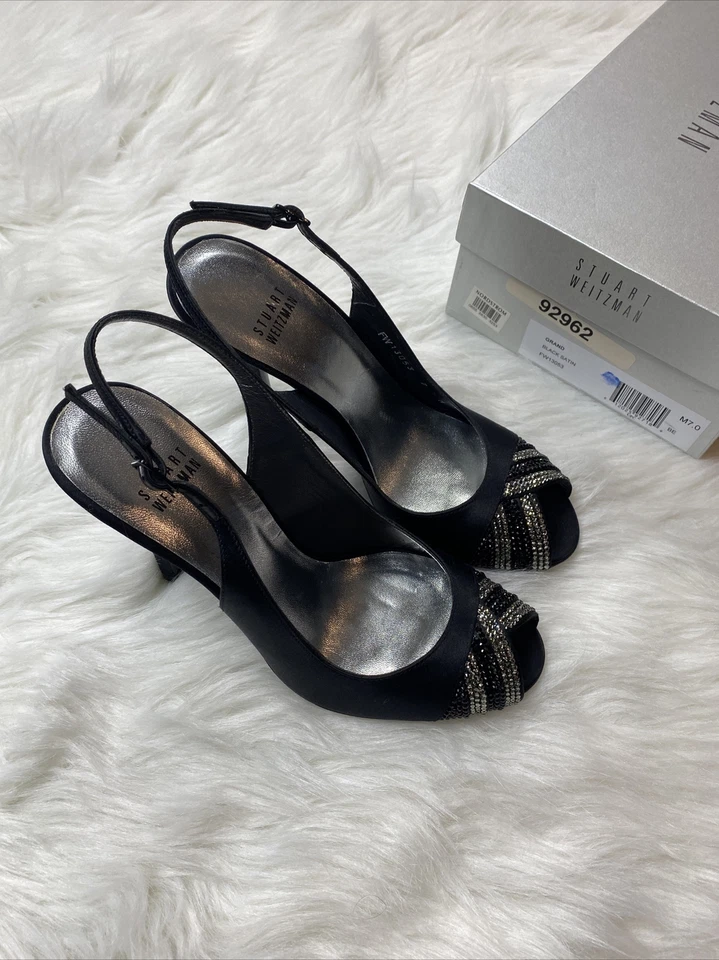 STUART WEITZMAN 7 Black Satin Peep Toe Sling Back Pumps Diamond New $780 Women’s - Image 3 of 4