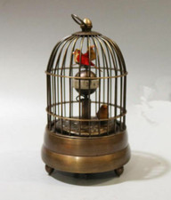 antique collectable Old Copper Carved Bird In Cage Mechanical Table Clock