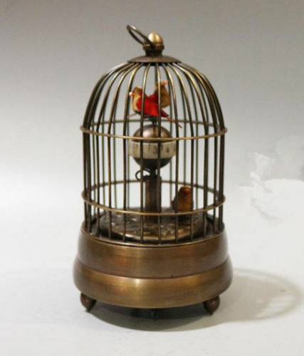 Antique Decorated Old Copper Carved Bird In Cage tick Mechanical Table Clock - Afbeelding 1 van 6