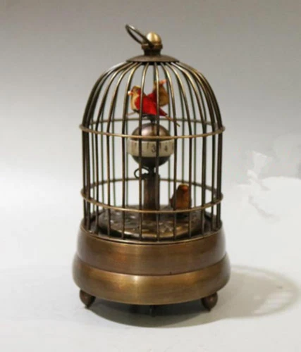 antique collectable Old Copper Carved Bird In Cage Mechanical Table Clock