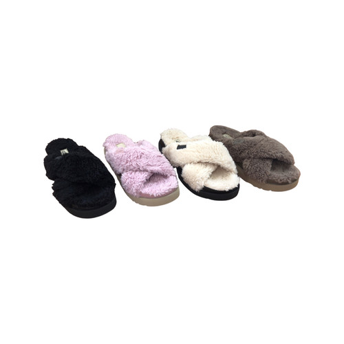 UGG Women's Fuzz Sugar Cross Slide Slippers 1120860 Black Natural Pink Hickory