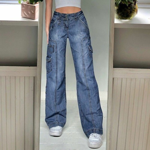 Women Low Waist Wide Leg Jeans Pockets 