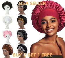 Women Satin Night Sleep Cap Hair Bonnet Hat Silk Head Cover Wide Elastic Band B