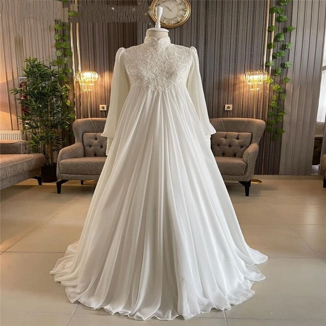 Vestidos de novia musulmanes de gasa cuello alto de encaje mangas largas línea A vestidos de novia Foto 3 de 4