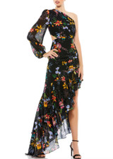 MAC DUGGAL 55668 FLORAL ONE SLEEVE CUT OUT  BLACK MULTI GOWN  10