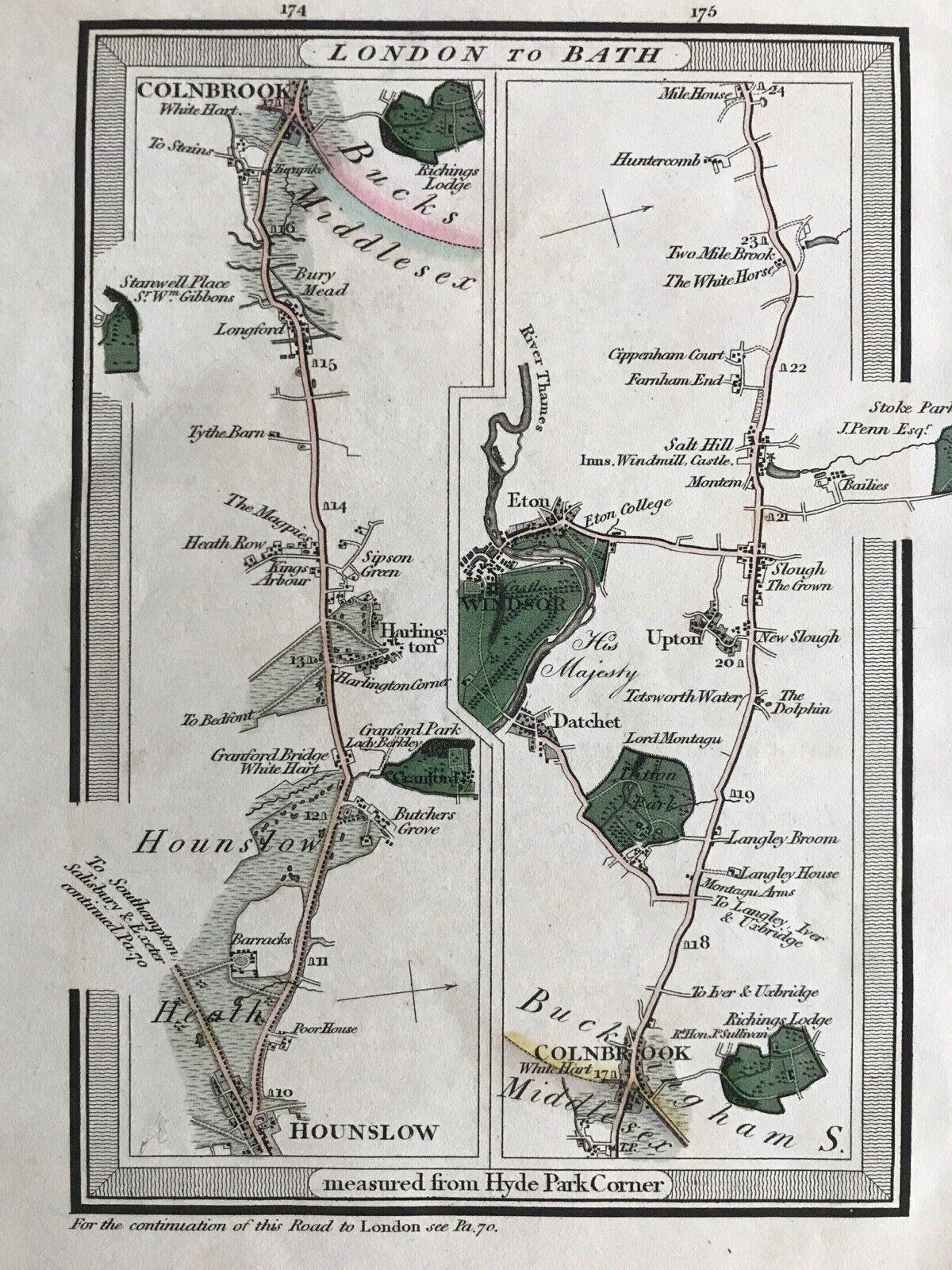 1817 Antique Road Map,  London to Bath.  Sheet 174 & 175 by Edward Hogg