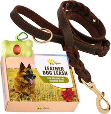 - Double Handle Leather Dog Leash - Heavy Duty Braided Dog Leash