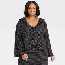 Ava & Viv Women's Long Sleeve Tie-Front Ruffle Top Black White Polka Size 1X