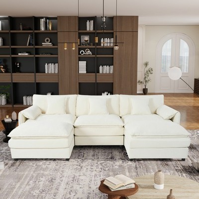 U Shaped Modular Sectional Sofa w/ 2 Ottomans, 5 Seater, Chenille, Modern, Beige
