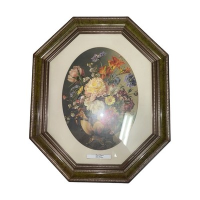 Achteckiger gerahmter Blumenstrauß Druck oval mittig goldfarbener Rahmen 50 cm