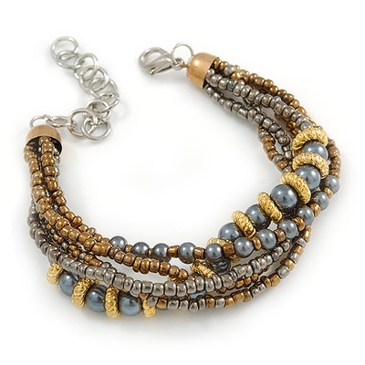 Glasperlen Multistrand Armband in Bronze/ Grau/ Taupe/ 16 cm L/ 5 cm ext/ klein
