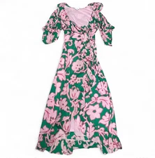 Rhode Womens Lydia Take It Easy Pink Green Floral Print Midi Wrap Dress Size XS