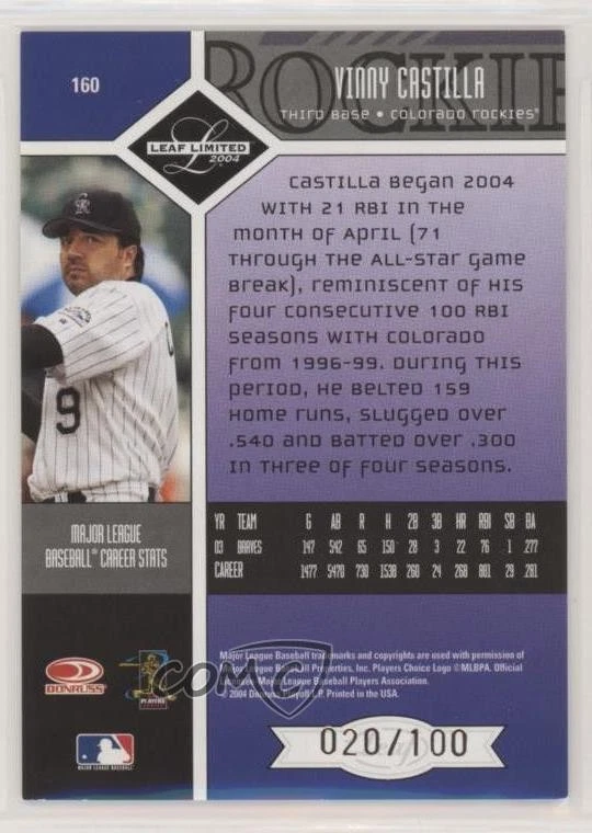 2004 Leaf Limited Spotlight Bronze /100 Vinny Castilla #160 - Image 2 of 2