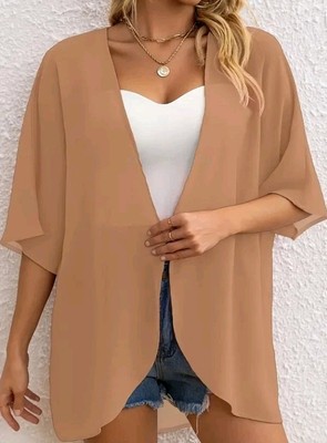 Damen tief beige Kimono Wickel Größe M Sommer Chiffon Strand Cover Up wunderschön neu
