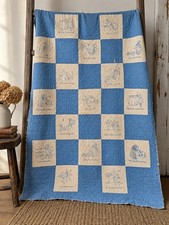 Antique Hand Quilted Nursery Rhyme Embroidered Child Quilt Blue White 55x40